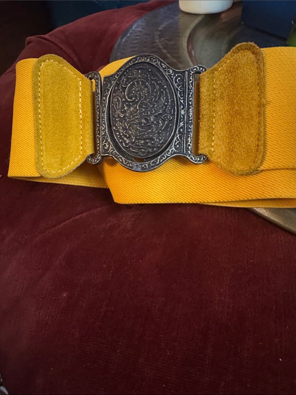 Source Unknown Bright Yellow Elastic Belt with Ornate Silver-Tone Buckle